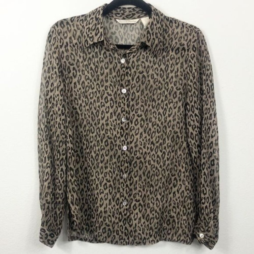 French Laundry 100% Silk Cheetah Leopard Blouse Small Button-Up Long Sleeve
